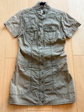 Vintage Guess Los Angeles Utility Shirt Dress 🌿 Khaki Safari Style Y2K Size 8